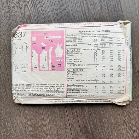 Vintage 1970s Simplicity 9637 Sewing Pattern Men's Medium Robe COMPLETE - Picture 2 of 2